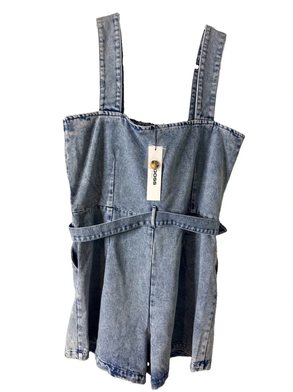 VIGOSS Denim Romper Women’s Large Acid Wash Belted Button Front NWT